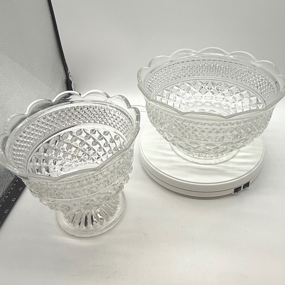Vintage Clear Pressed Glass Diamond Point Scalloped Pedestal Compote Bowl